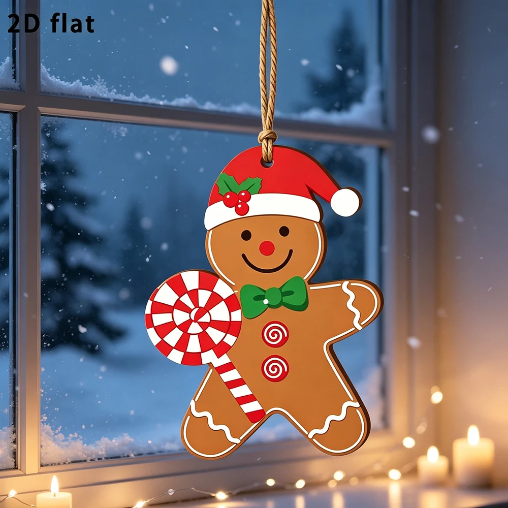 Christmas Gingerbread Man Wooden Hanging Plaque, 2D Flat Ornament with Santa Hat & Lollipop, Winter Holiday Door Wall Decor