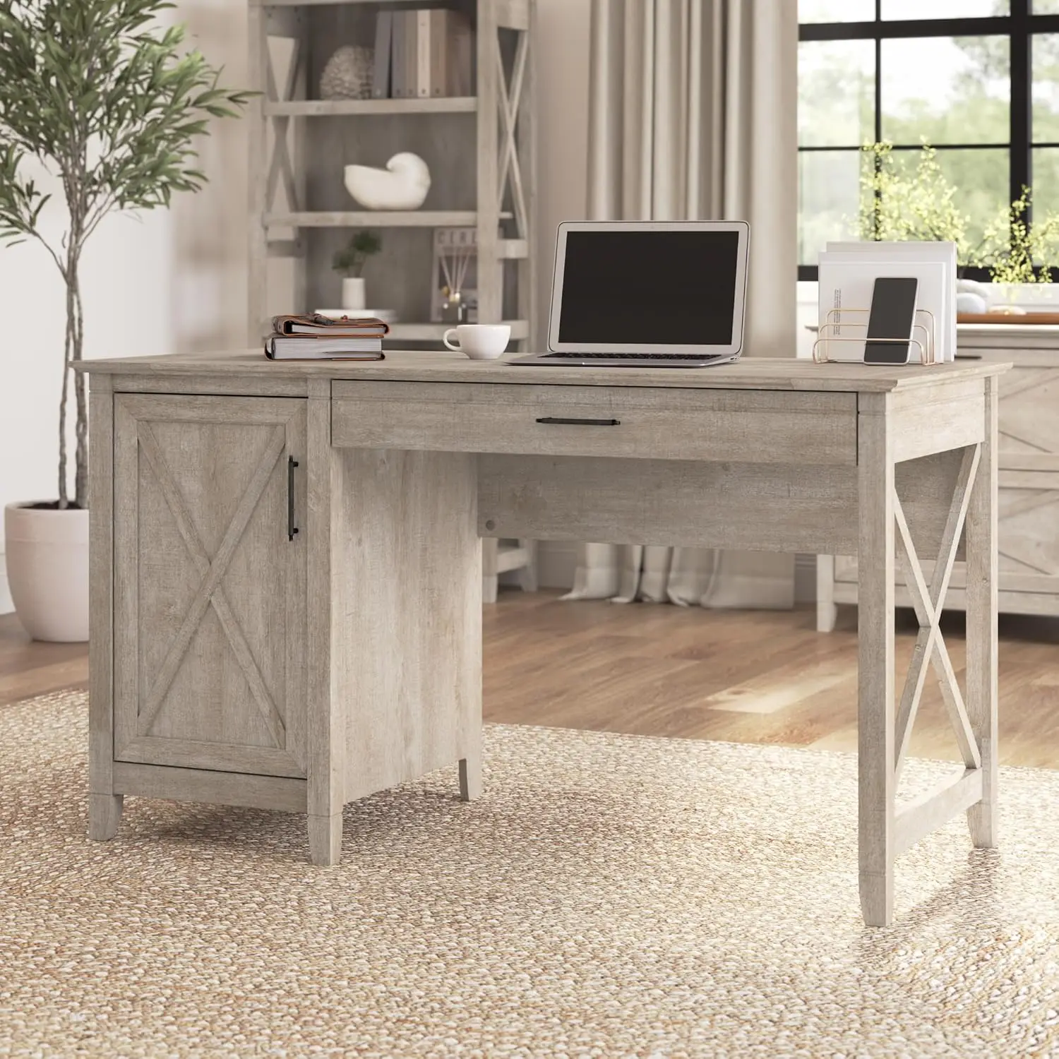 Furniture Key West Computer Desk with Storage  Farmhouse PC Table for Home Office in Washed Gray  54W x 24D