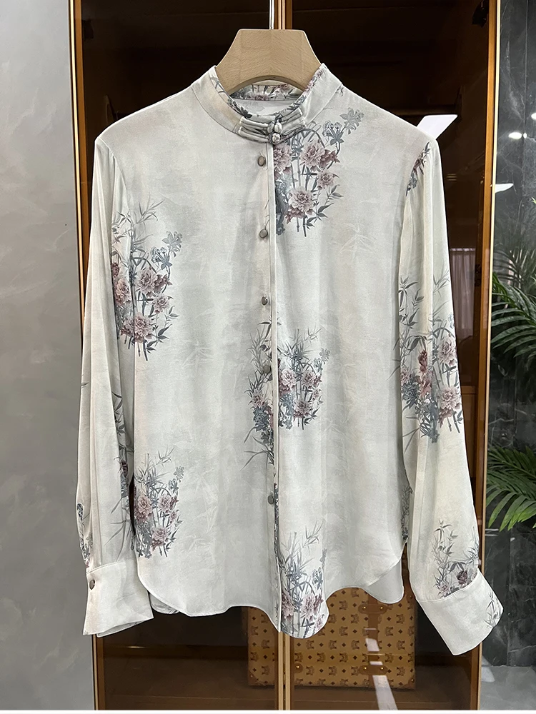 Satin Chinese Style Women\'s Shirts Printed Silk Blouses Spring/Summer Clothing Loose Long Sleeves Women Tops