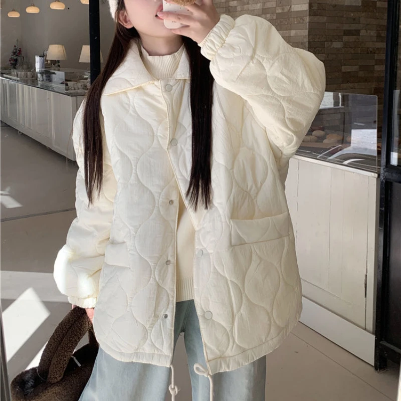 Autumn Winter Fashion Long Sleeve Turn-down Collar Solid Parkas Women's Clothing Button Korean Thicken Warm All-match Chic Tops