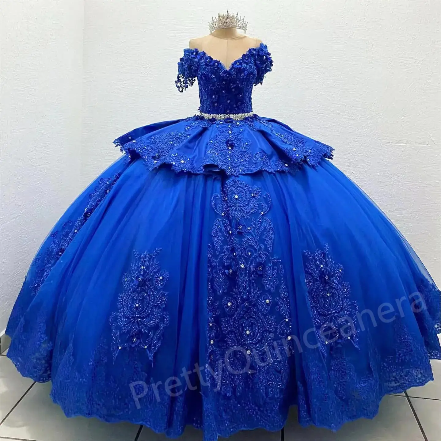 Cap Sleeves Off the Shoulder Tiered Quinceanera Dresses with Train Royal Blue Beaded Appliques Silver Crystal Belt Ball Gown