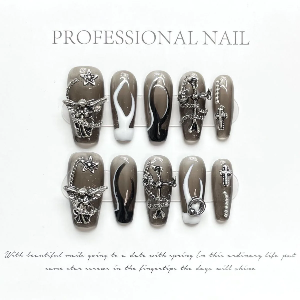 

Nails Set Press On Pure Handmade Wearable Nails Love Butterfly Fashion Fake Nails bear Black Write Blue Pink Accessories