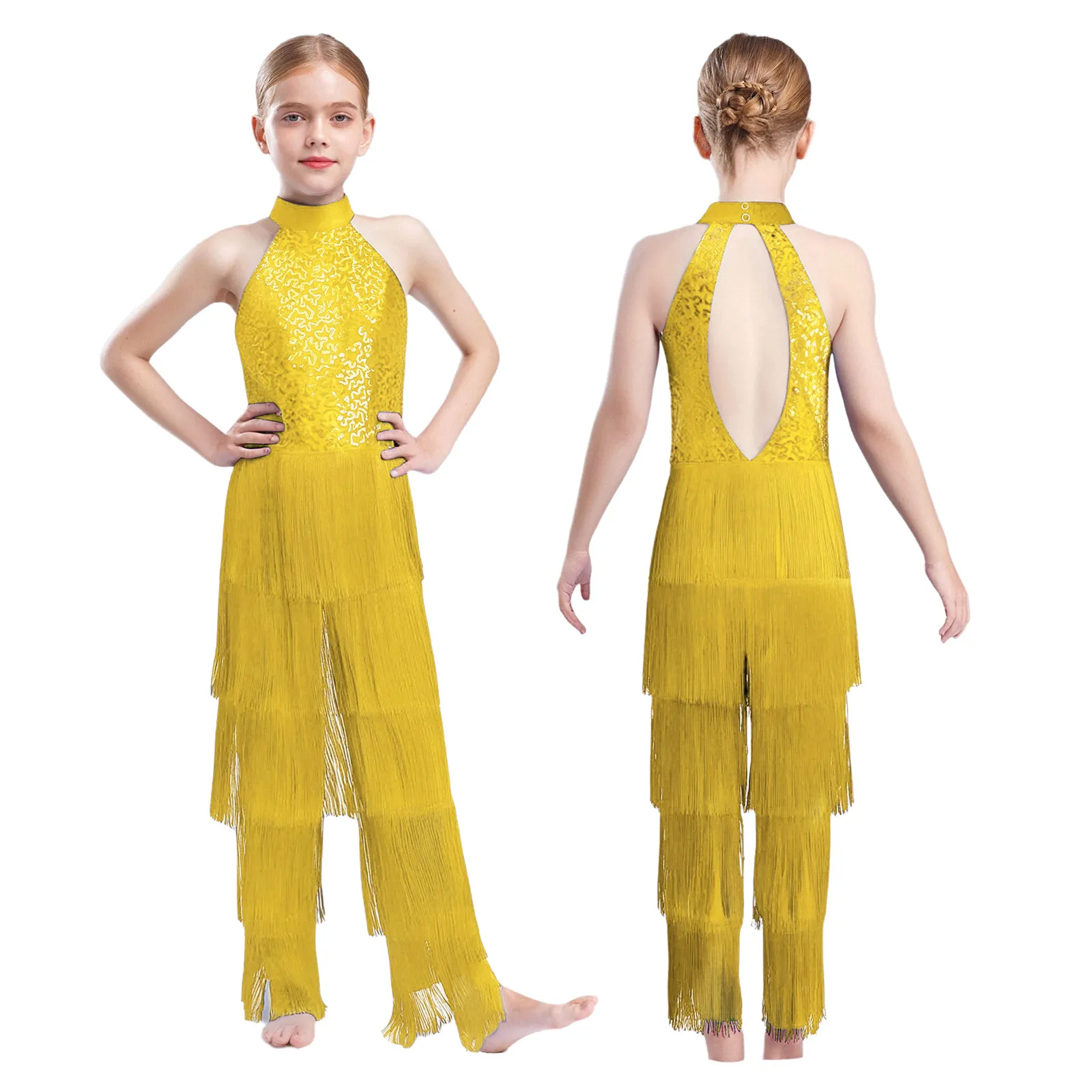 

Kids Girls 70s Disco Tassel Jumpsuit Shiny Sequined Fringed Long Pants Full Bodysuit for Latin Cha-cha Samba Dance Performance