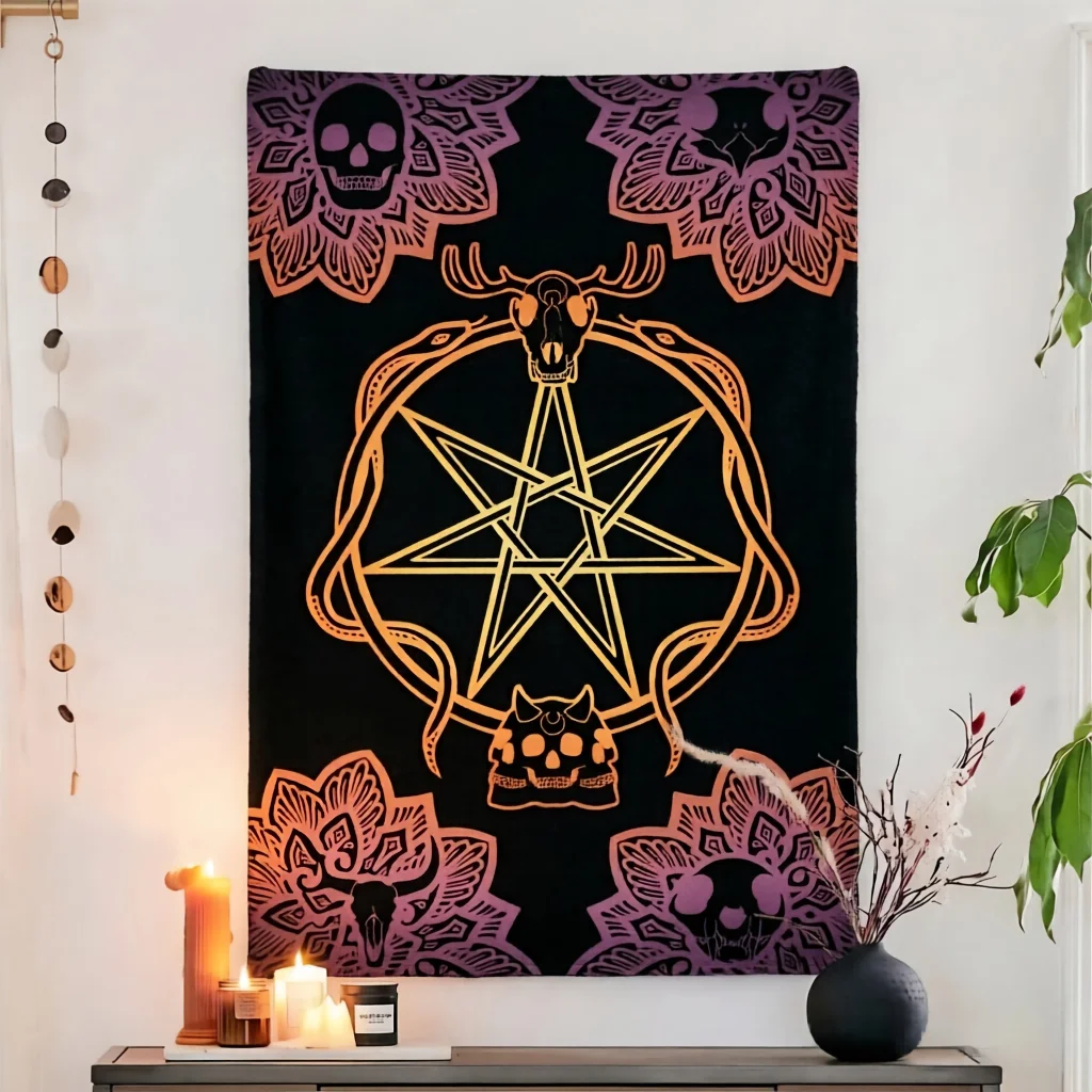 Pentagram Skull Snake Tapestry Gradient Mandala Gothic Wall Hanging Occult Witchy Aesthetic Mystic Animal Skull Bedroom Dorm