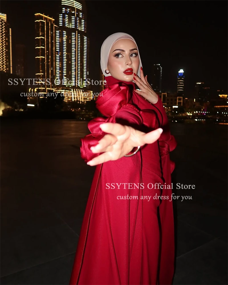 SSYTENS 럭셔리 레드 롱 이브닝 드레스 3D 꽃 케이프 사우디 아라비아 댄스 파티 드레스 공식 행사 댄스 파티 드레스 여성 맞춤형