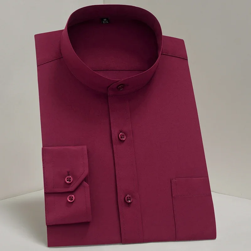 Spring Formal Shirt Men Stand Collar Business Long Sleeve Shirt Men Single Breasted Solid Color Work Tops Man