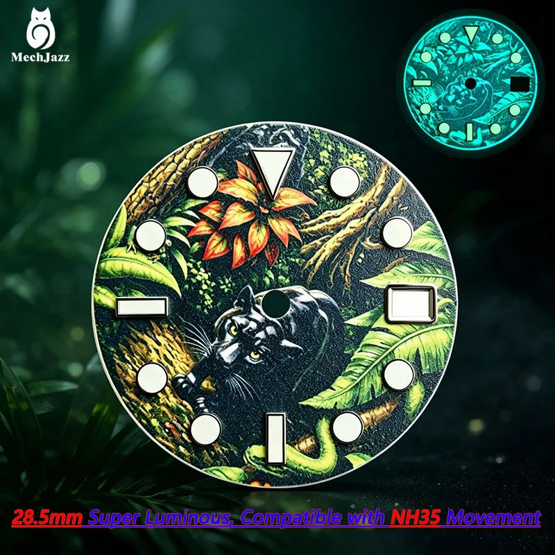 MechJazz 28.5mm Jungle Panther Watch Dial, Super Luminous Dial with Date Window, Fits NH35 Movement, Watch Modification Parts