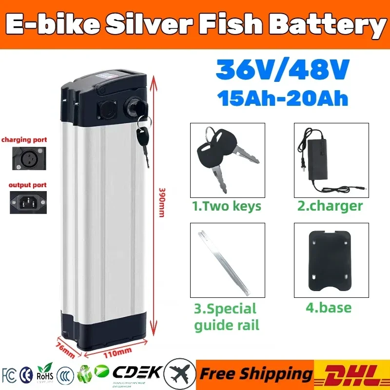 

Silver Fish style battery 36V/48V Original 20Ah large capacity ultra long endurance E-Bike Top discharge battery Built in BMS