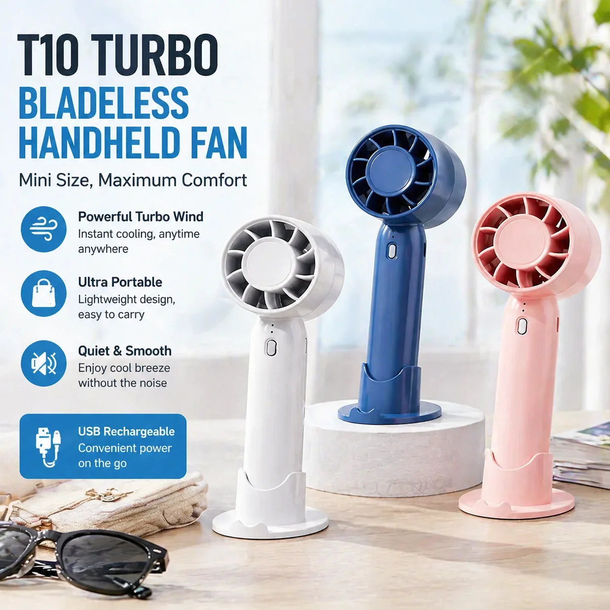 T10 Bladeless Mini Fan Portable Handheld Outdoor Desk USB Rechargeable Quiet Personal Summer Cooling Fan