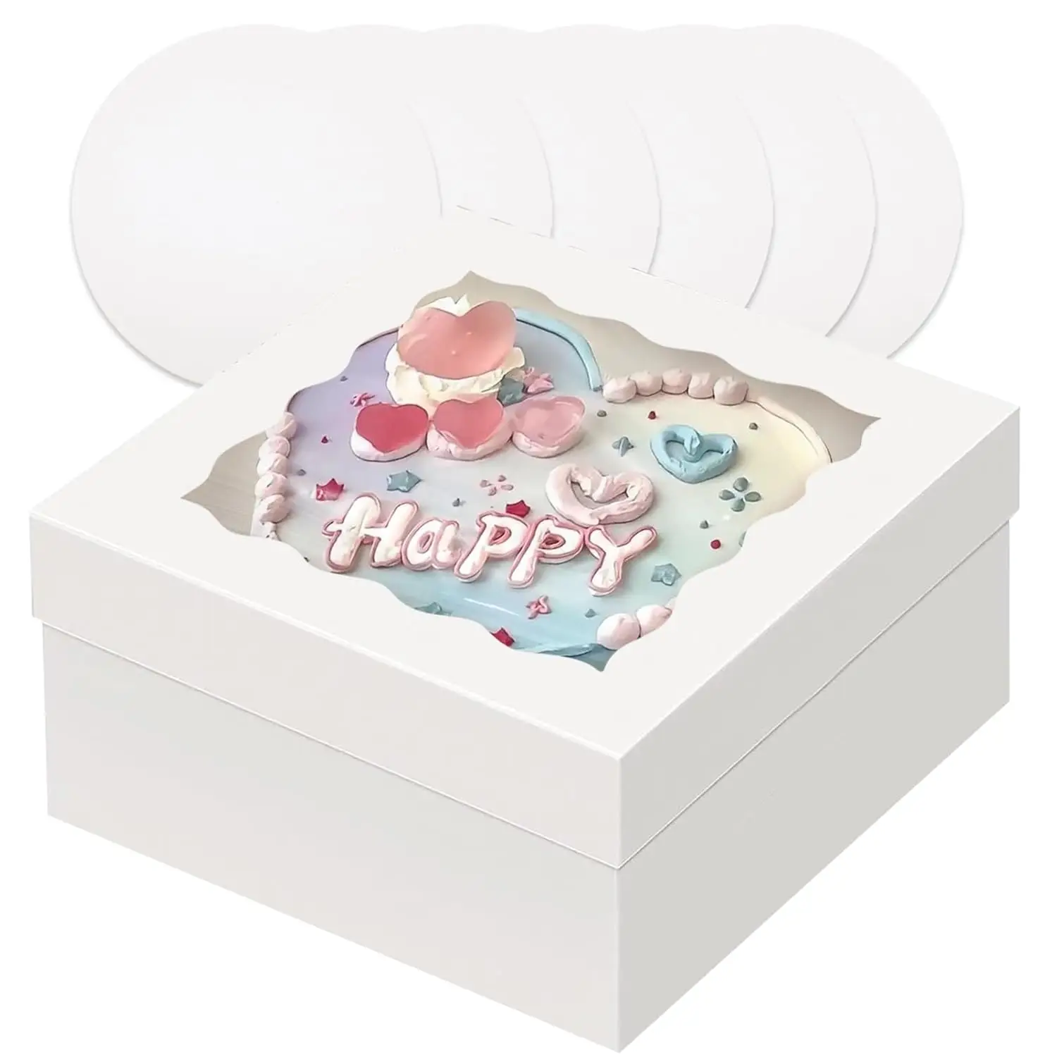 

12x12x6 White Cake Box with Window, 4 Sets + 4 Sets 12" Cake Boards, Clear Lid for Bakery