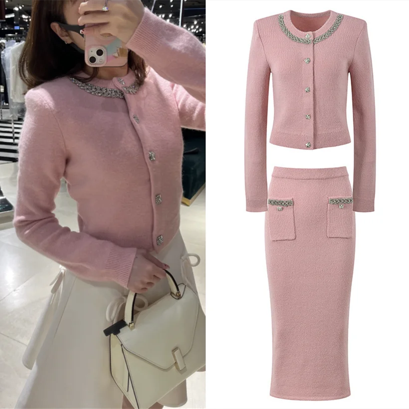 High-End Version Sweet Pink Diamond-Encrusted Knitted Open Cardigan Top Half-Skirt Two-Piece Set Autumn Winter Fashion for Women