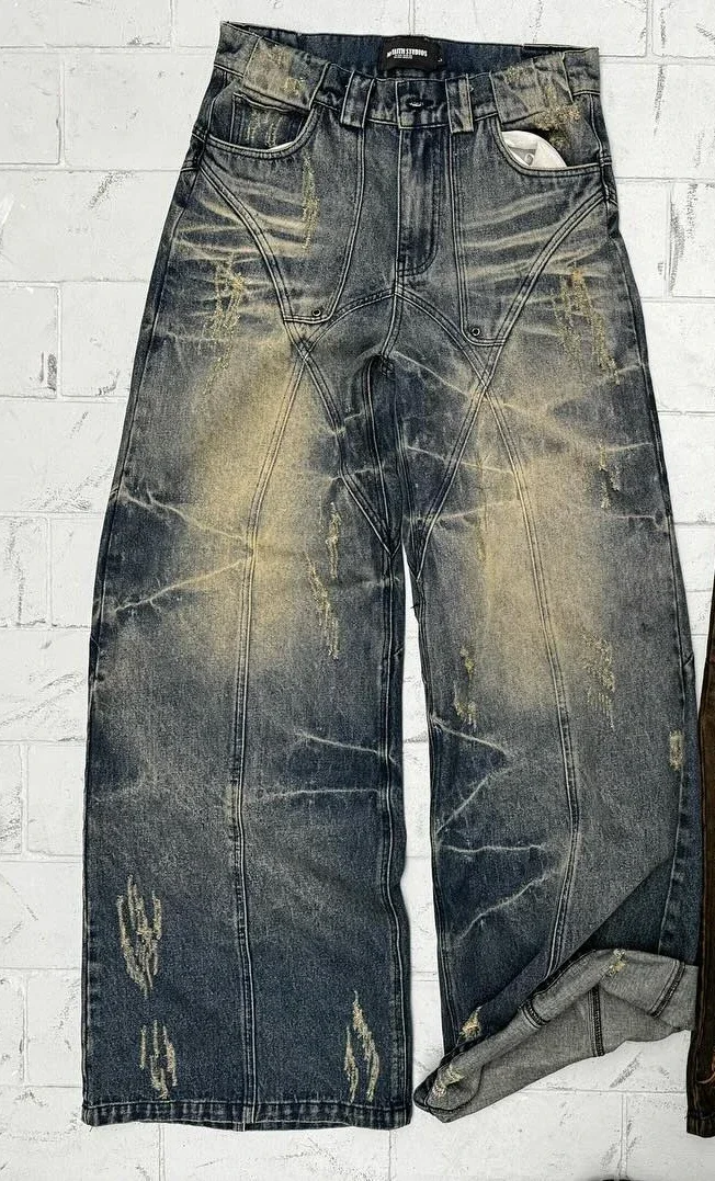 Y2k Jeans retrò Punk strappati Jeans larghi tinta unita Harajuku pantaloni dritti in Denim pantaloni Casual Rock a vita bassa Streetwear