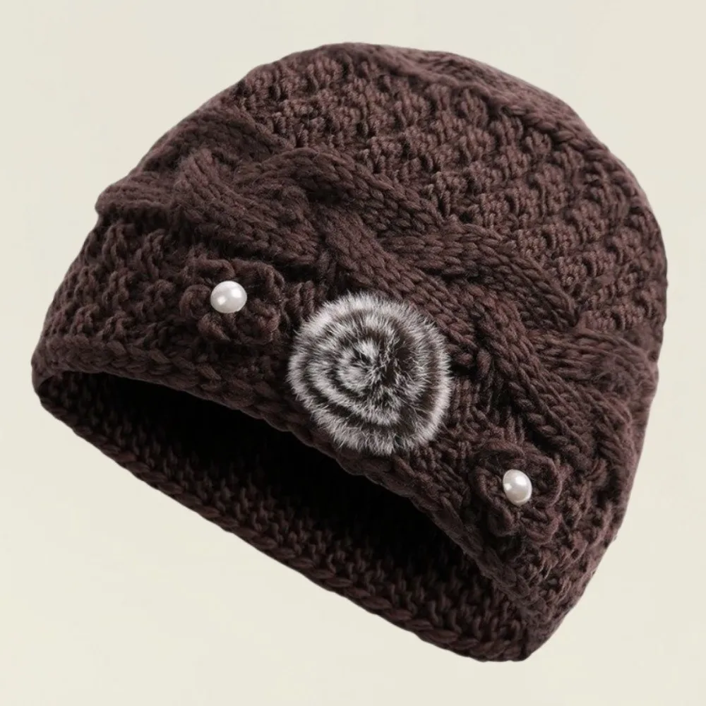 

New Knitted Warm Hat Thickned Windproof Pullover Hat Floral Embroidery Cold Proof Earmuffs Cap Winter