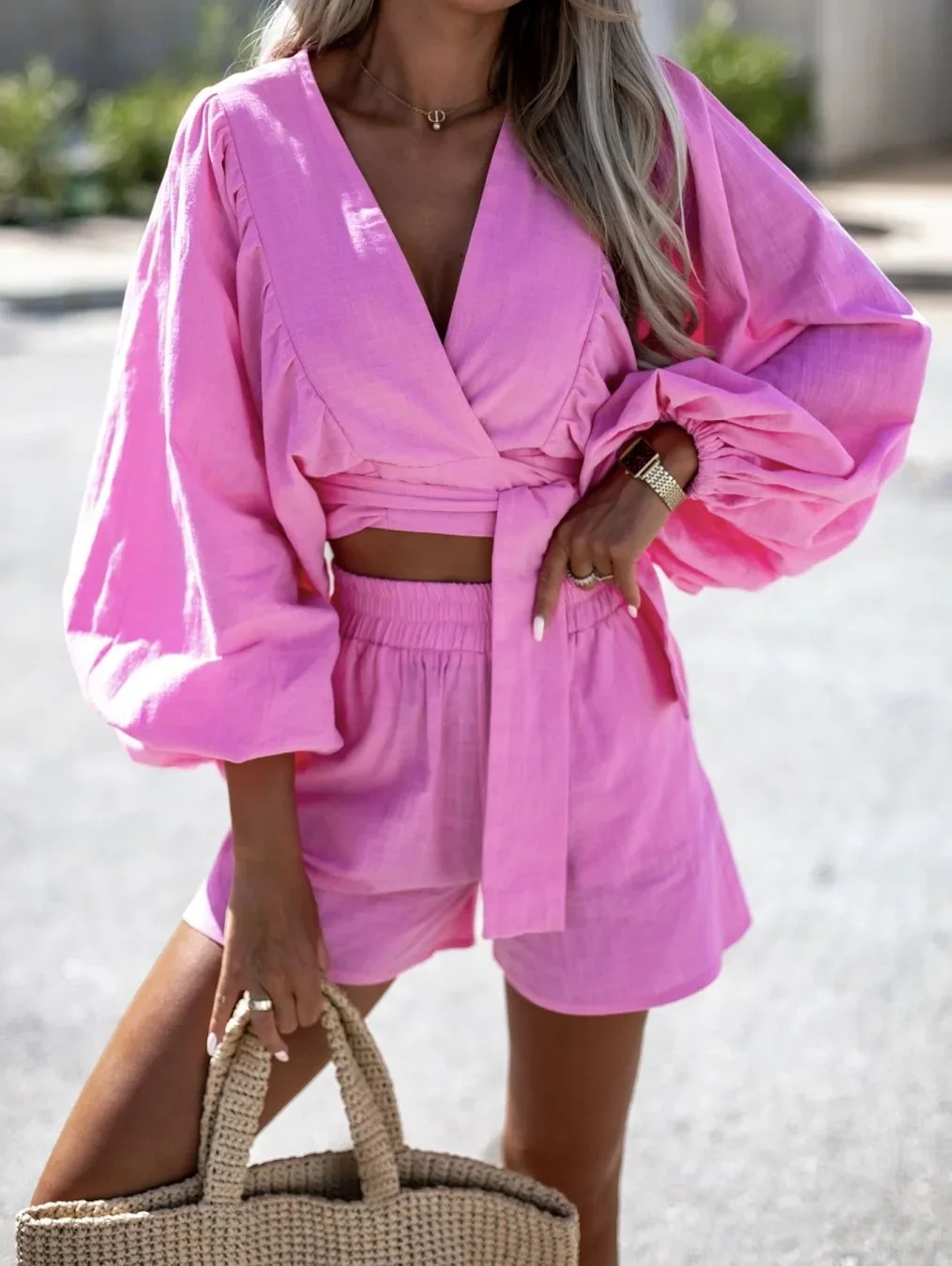 2025 New Independent Station Amazon Fashion Loose Casual Cotton and Line with Wrinkles Two-Piece Set Vacation Style Shorts Set