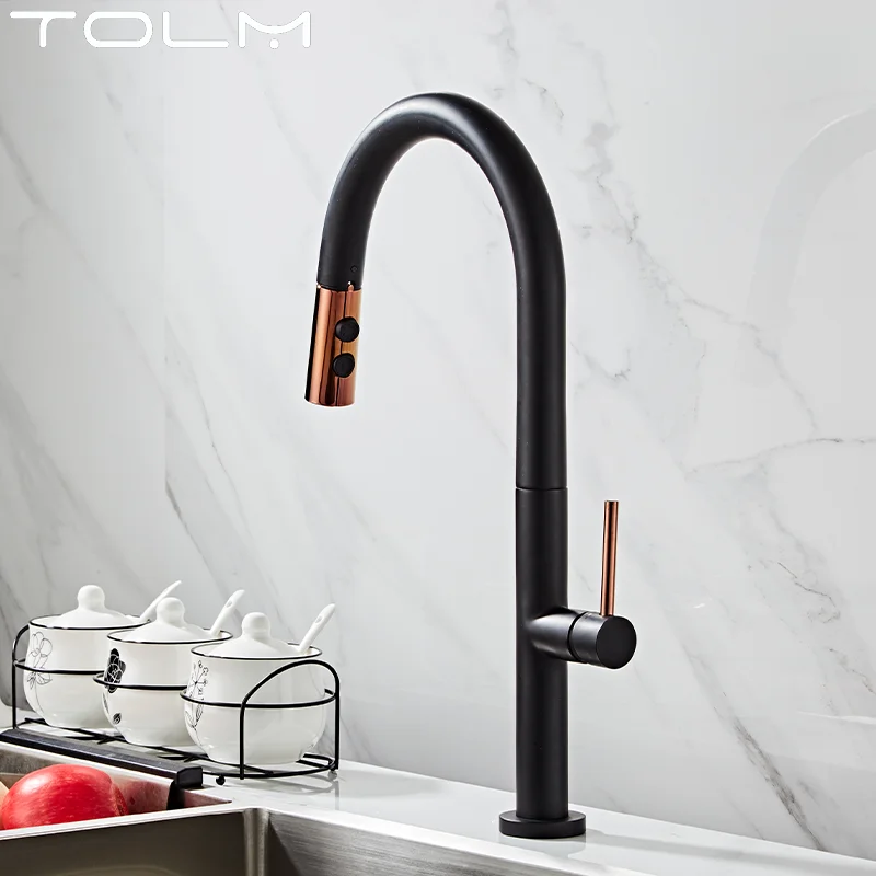 TOLM Pull Down Black Kitchen Faucets Kitchen Sink Swivel Sink Faucets Aerator Kitchen Mixer Tap Cold and Hot Splash Faucets