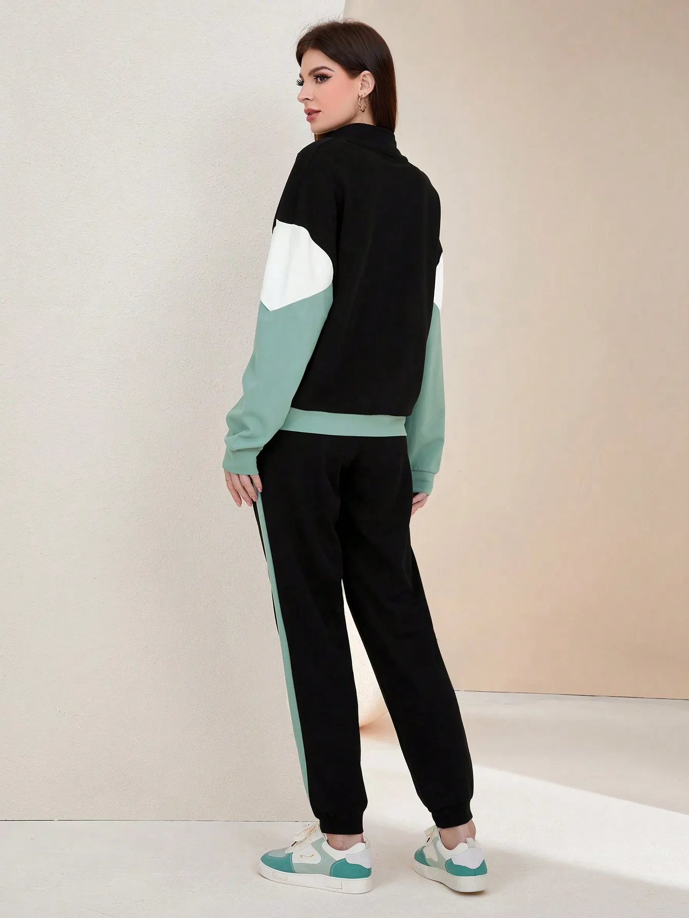 Colorblock Zip-Up Sweatshirt and Joggers Matching Set for Women