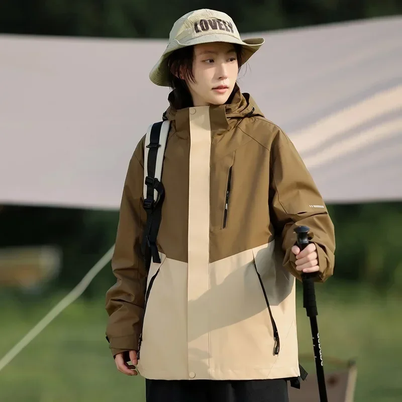 2026 Spring and Autumn Women's Color-Block Waterproof Outdoor Jacket Windproof and Waterproof Hooded Coat Jacket Women