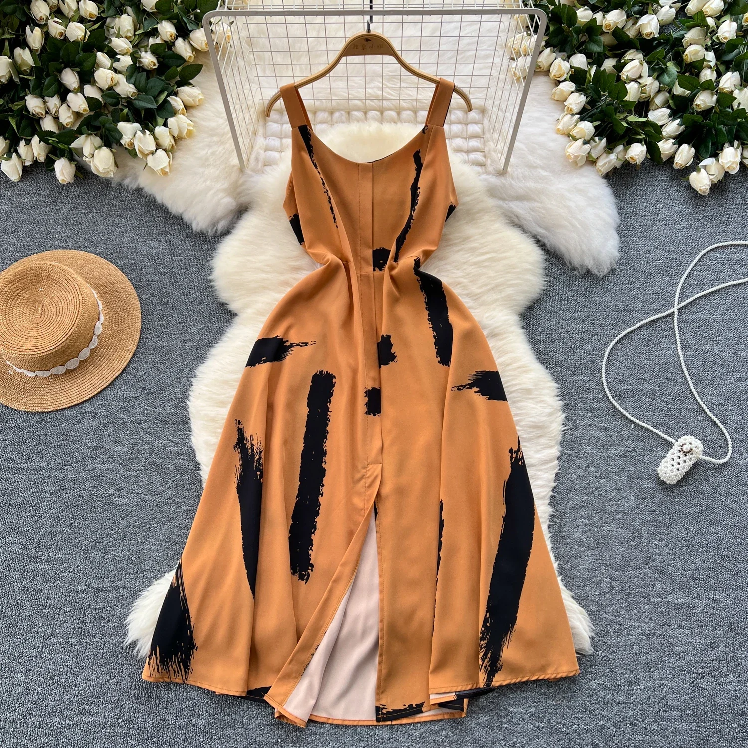 2024 New Summer Print Sweet Dress Straps O Neck Backless Split Elegant Ladies Vacation Beach Party Midi Sundress