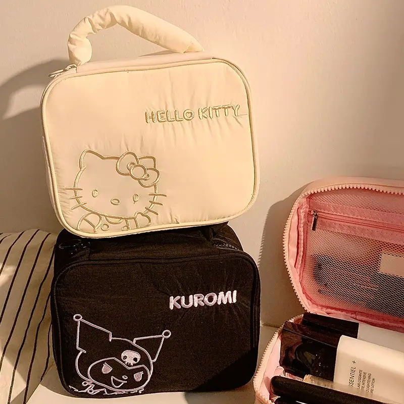 Miniso Hello kitty Makeup Bag Women Embroidery Cartoon Large Capacity Portable Travel Skincare Storage Outdoor Tote Bag