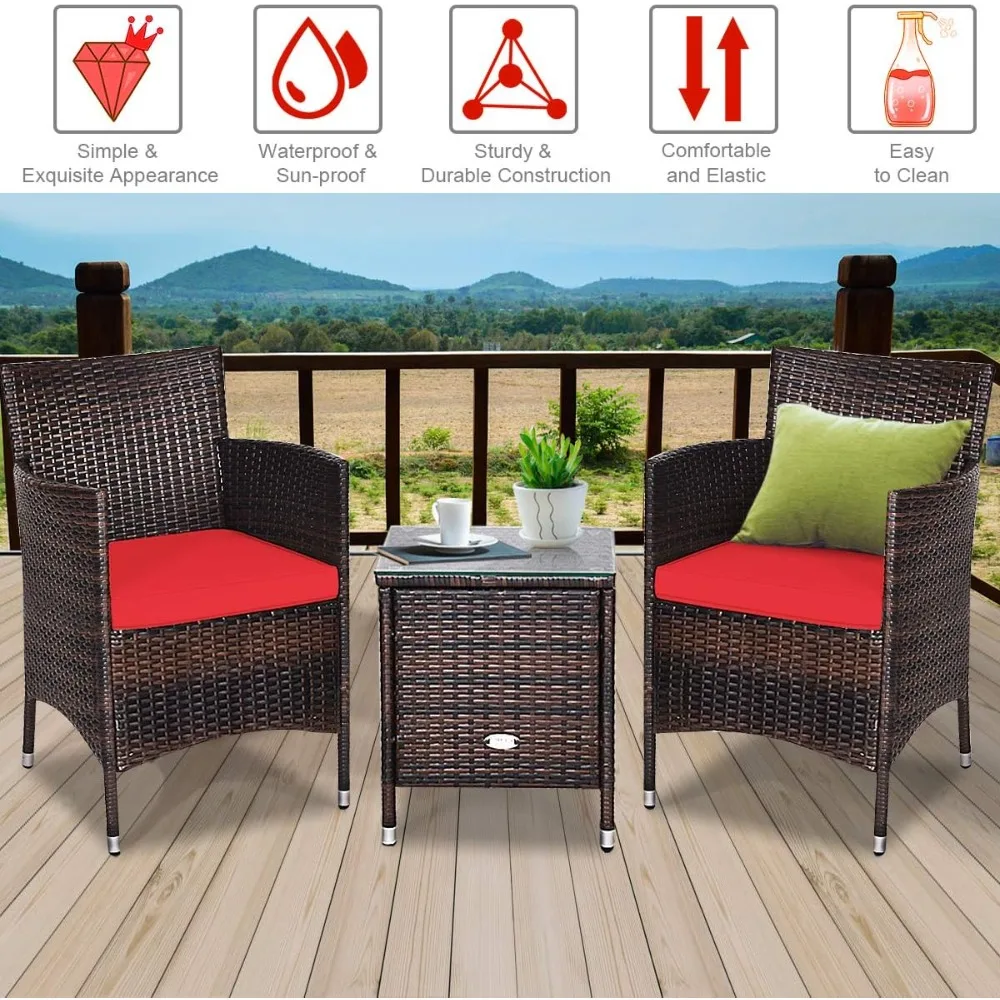 

3-piece courtyard furniture set, outdoor rattan dialogue set, with coffee table, chair, and thick mat, courtyard segmented