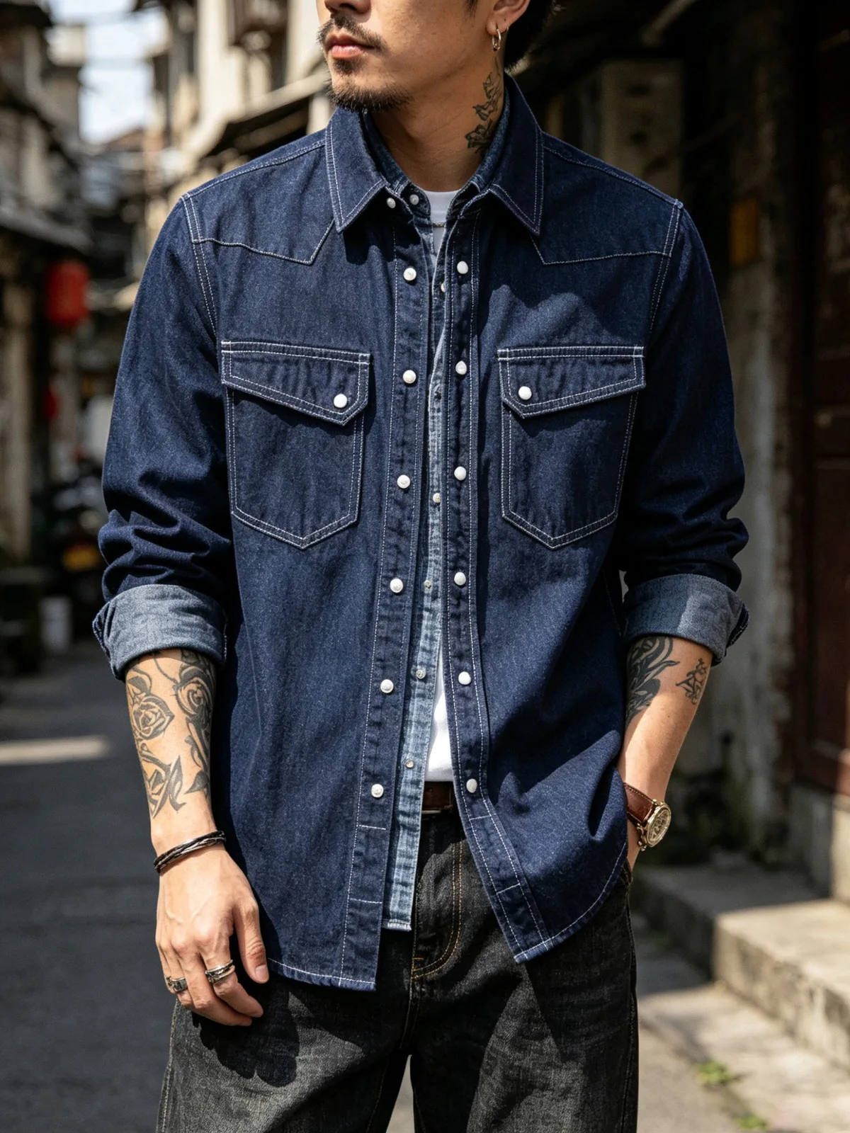 American Style Spring Autumn Vintage Fashion Men Dark Blue Turn-down Collar Pocket Long Sleeve Simple Loose Shirts Male Tops