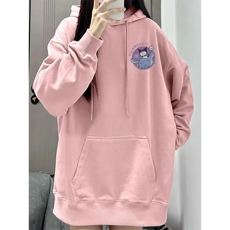 اليابانية Kawaii الملابس ربيع الخريف جديد الكرتون إلكتروني Kuromi أغطية رأس مطبوعة النساء فضفاض Kpop الملابس القوطية بلوزات قمم