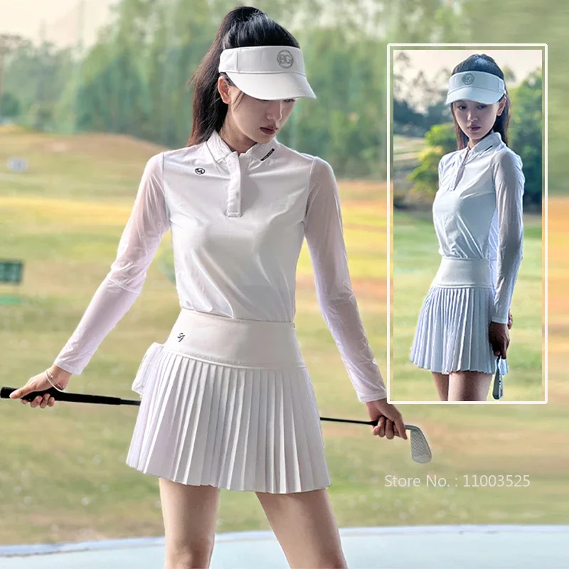 SG Golf Women Long-sleeve Top Sunscreen Quick-drying T-shirt Jersey High Waist Skirt Female Golf Pleated Skorts With Inner Short