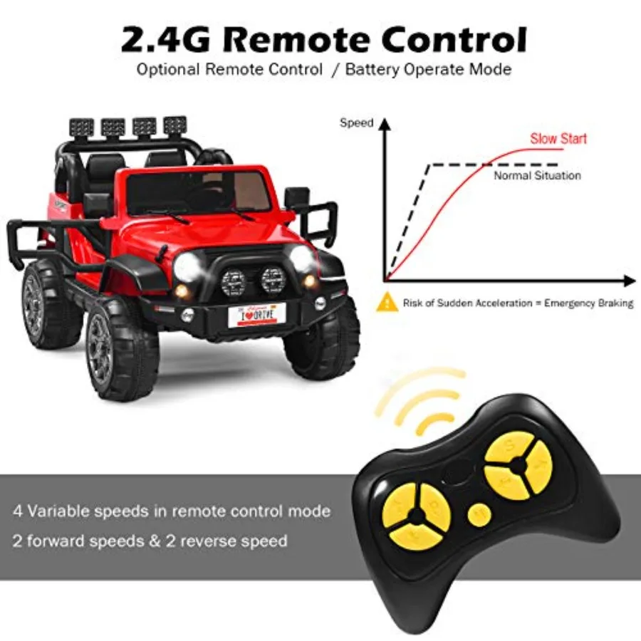 2-Seater Ride on Truck, 12V Battery Powered Electric Vehicle Toy w/Storage, Remote Control, 3 Speed, LED Lights, MP3, Horn, Music, 2 Doors Open, Spring Suspension, Ride on Car for Kids (Red)