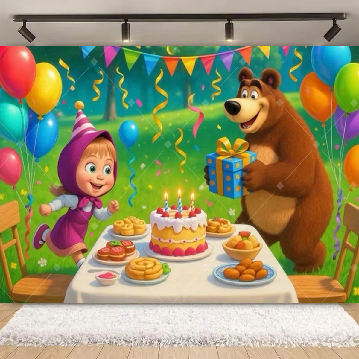 Mädchen und Bär Geburtstagsparty-Hintergrund Bunter Wald Ballon Kuchen Foto-Banner Kinder Geburtstagsfeier Dekoration Fotokulisse Requisiten – Detail 5