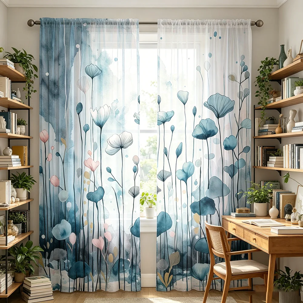2PCS Digital Printed Sheer Curtain, Blue Water Lily Flower, Elegant Aquatic Botanical for Living Room Bedroom Home Decor