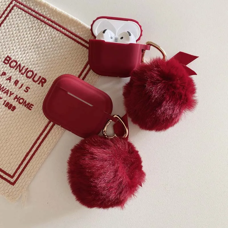 Funny Fur Wine Red Hair Ball Fluffy Plush Warm Cases for Airpods Pro 3 2 1 4 Air Pods Pro2 2nd 3rd Cute Earphone Air Pods 4 Case