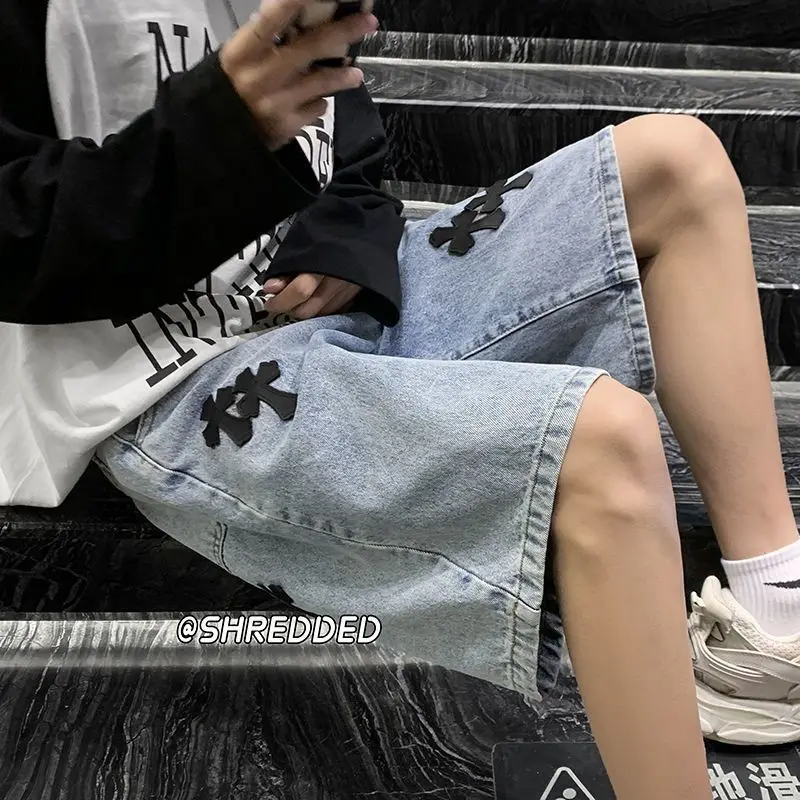 American cross-print denim shorts men's summer thin Hong Kong style loose trousers trendy brand retro casual mid-pants y2k tops