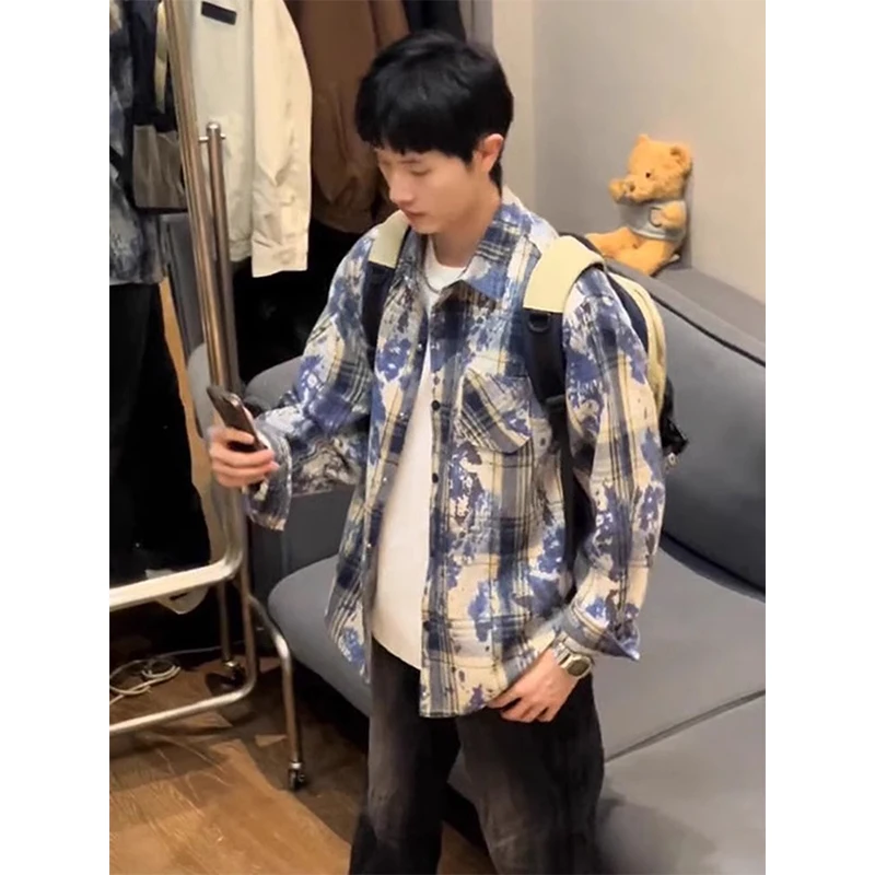 

Blue Watercolor Resistant Plaid Long Sve irt Men's Spring Autumn American Retro Pattern Cleanfit Jaet Loose Fit Youth ...