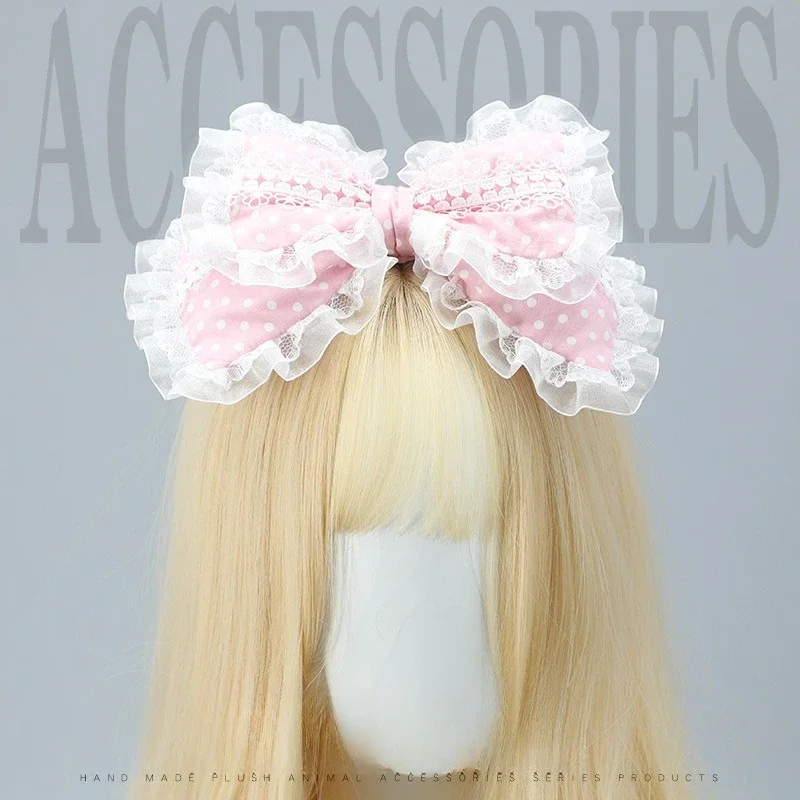 Extra Large Lace Polka Dot Lolita Hair Bow KC Hairclip Handmade Gothic Maid Tea Party Headpiece