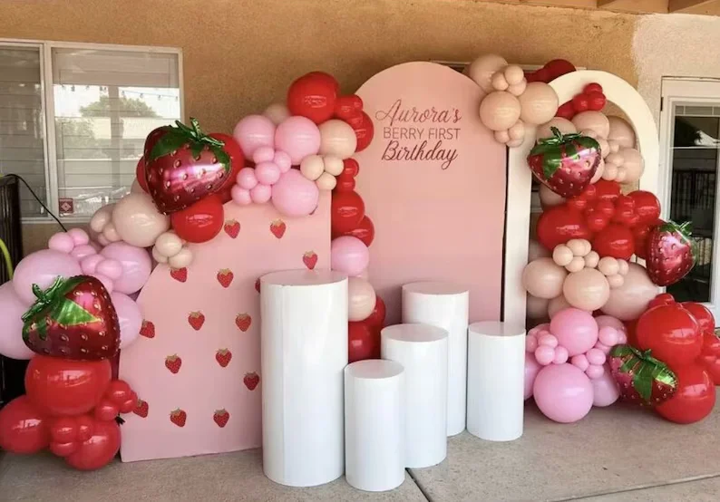 Mehofond Custom Strawberry First Birthday Arch Cover Backdrop Pink Girl Berry One Chaira Round Top Arched Background Photocall