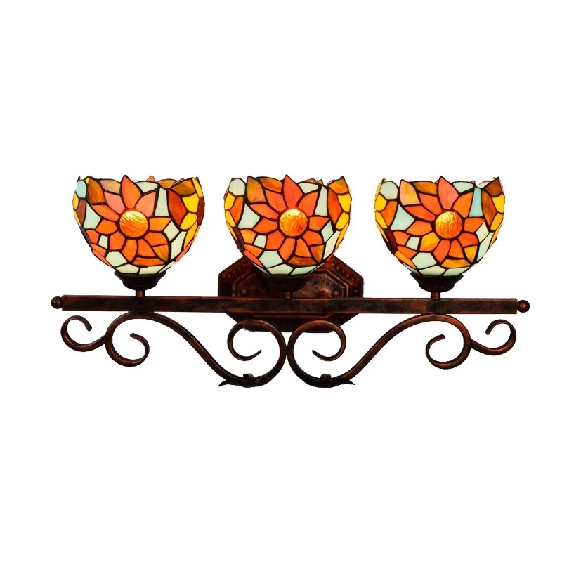 

Pastoral sunflower stained glass bathroom mirror headlight, American corridor bar three-head wall lamp