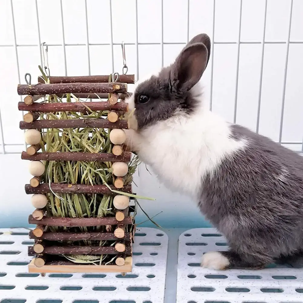 Wooden Rabbit Grass Shelf Bite Resistant Hanging Feeder Small Animals Feeding Manager For Guinea Pig