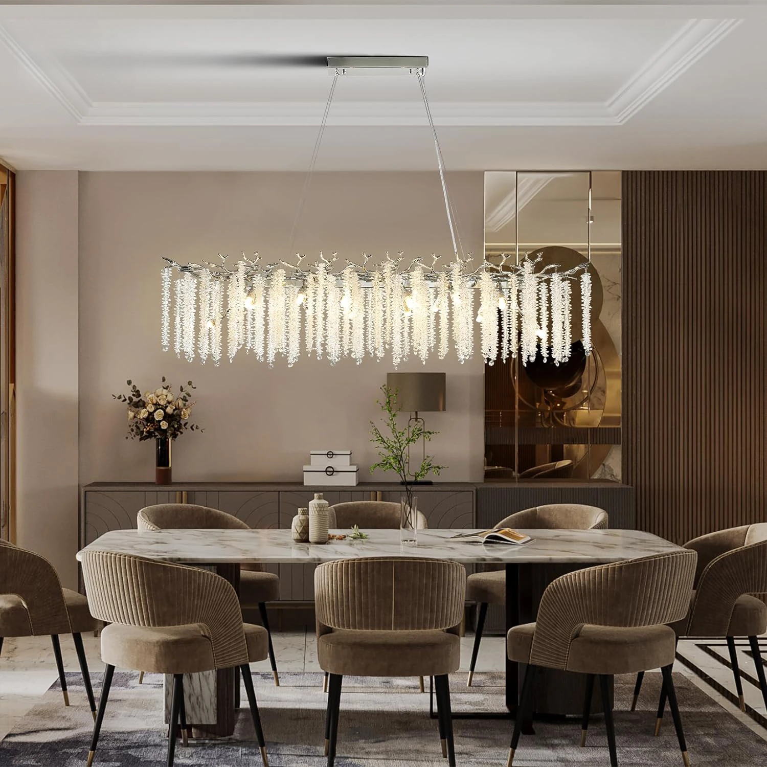 Lustre en cristal de plafond chromé moderne, salle à manger, table longue, chambre à coucher, branche de salon