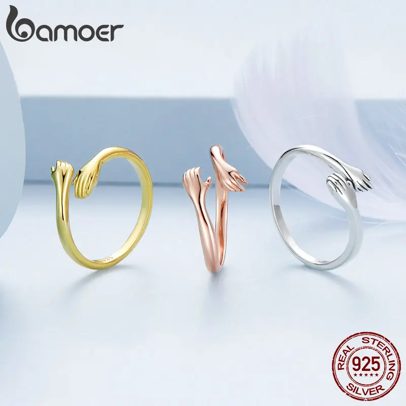 Bamoer 925 Sterling Silver Plated Hug Rings Multicolor Love & Friendship Adjustable Rings for Men & Women Warm Gift Fine Jewelry