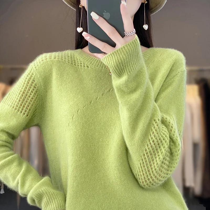 Women 100% Merino Wool Soft Sweater O-Neck Hollow Out Long Sleeve Pullover Female Autumn Winter Bottoming Jumper Knitwear Tops