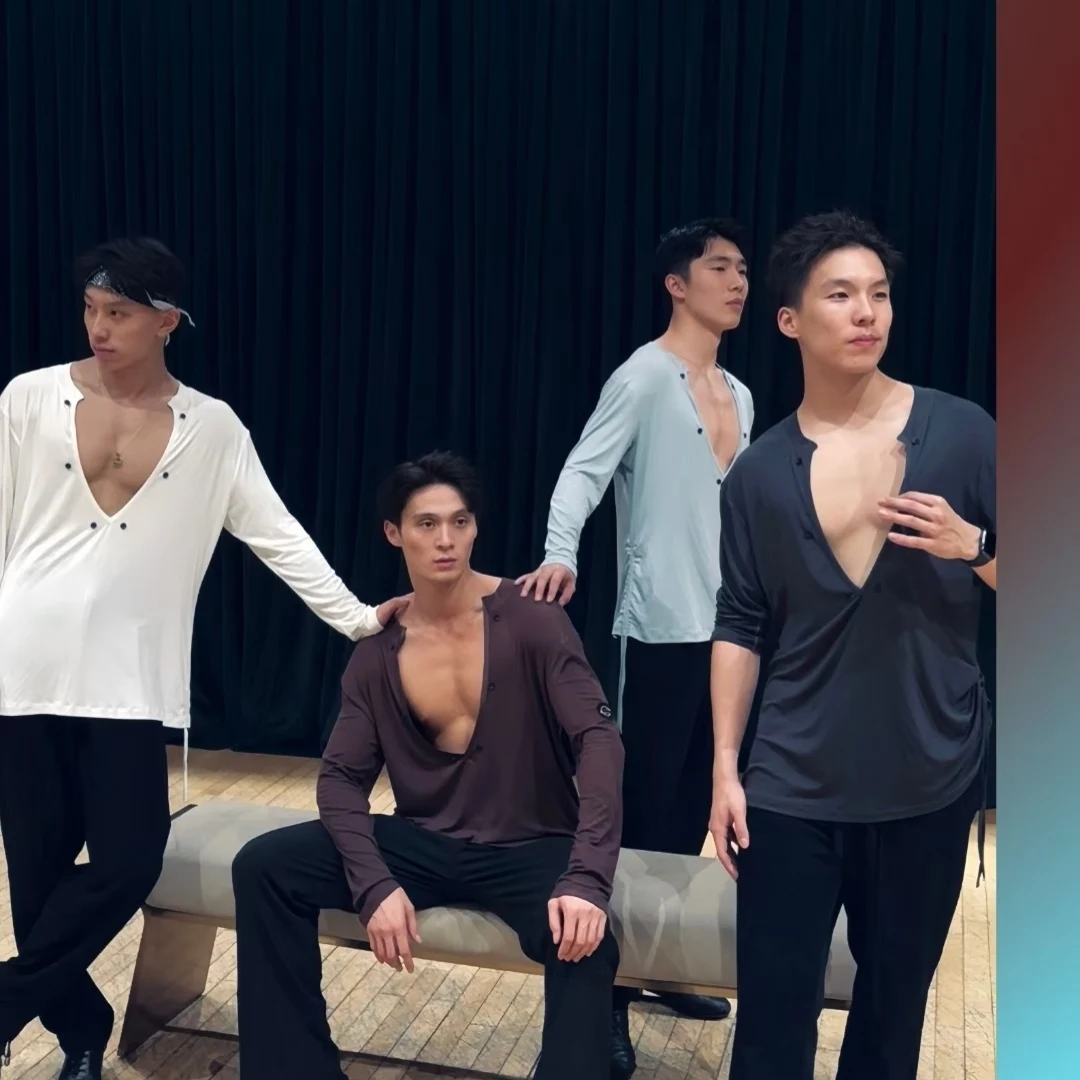 

Latin Dance Tops Adult Male Dance Clothing Long Sleeves V Neck Tops Men Practice Wear Rumba Salsa Dance Training T Shirt NV23834