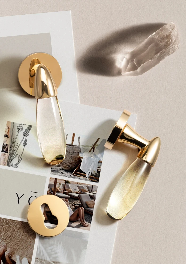 Gold Crystal + Brass Security Mute Door Lever Handle Lock For Interior Bedroom / Bathroom Privacy Bright Chromium Lock Set