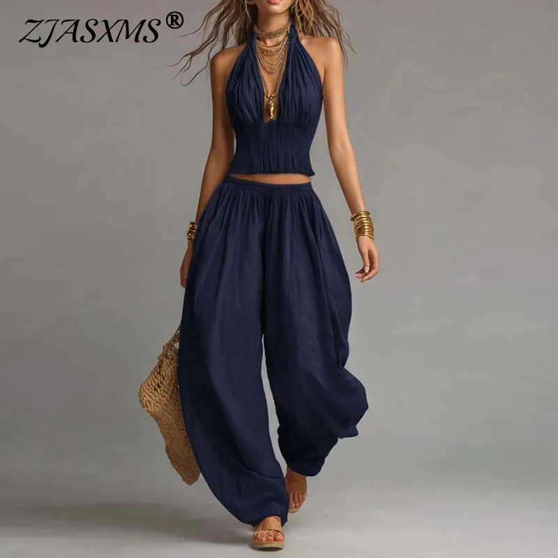 

2026 New Boho Chic Two Piece Set Sexy Hollow Out Halter Neck Top & Elastic Waist Loose Trousers Suit Summer Holiday Outfit Mujer