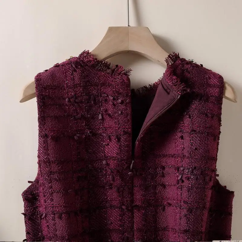 Chaleco de lana falda bolsillo con cuentas Tweed A-Character vestido fino 2025 invierno nueva ropa de mujer