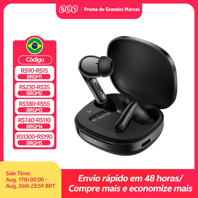 QCY T13 Pro Fones de Ouvido Sem Fio com ANC Adaptativo, Drivers de 13mm, Graves Potentes, ANC Híbrido de 50dB, Bluetooth 6.0, 6 Microfones ENC, 47H de Duração HT23