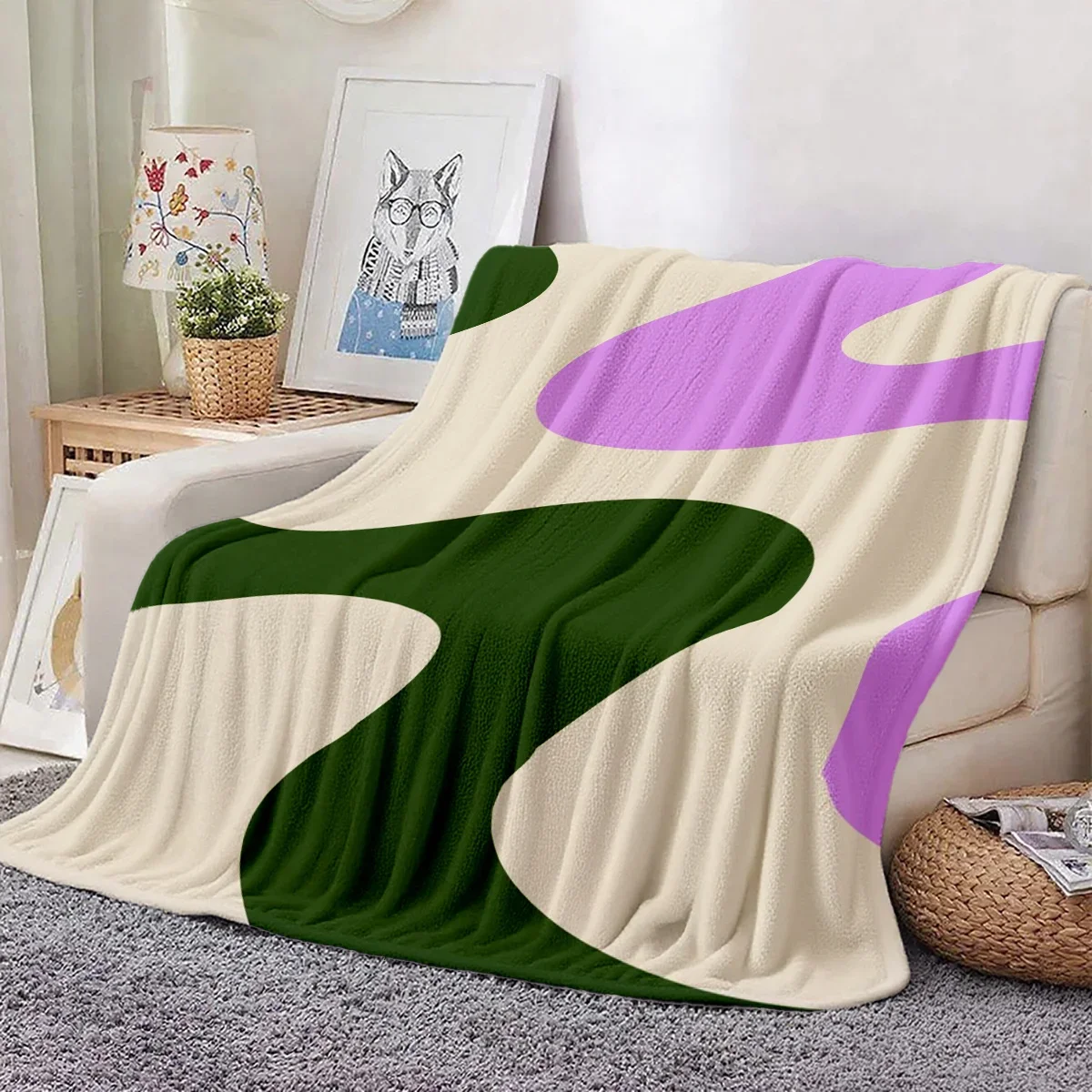 Stylish Boho Abstract Curve Color Block Geometric Art Pattern Flannel Blanket Warm Throw For Lounge Bedroom Holiday Warm Gift
