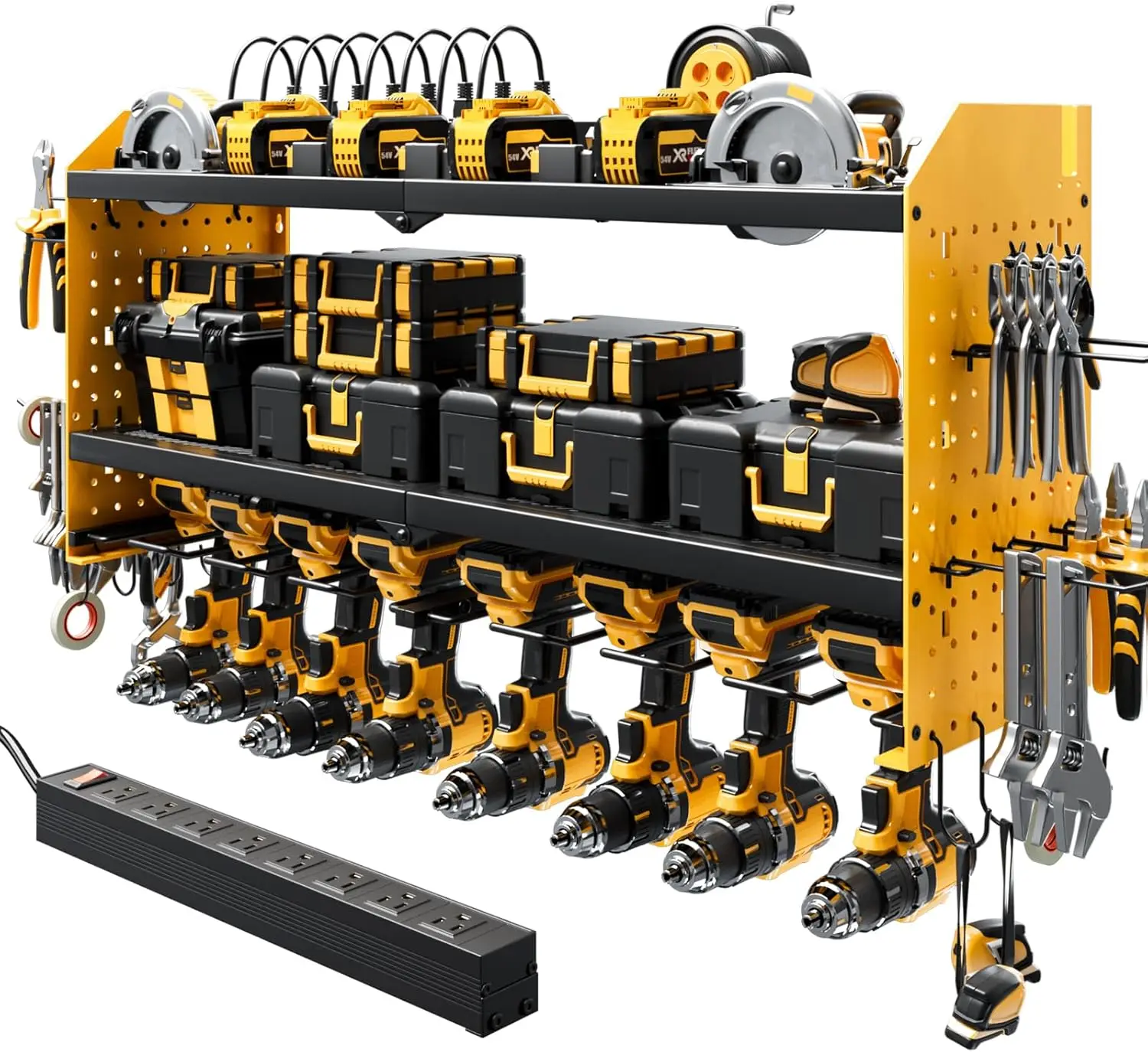 

Heavy Duty Metal Tool Organizer Wall Mount with Charging Station, Large 8 Drill Holder & Storage Rack for Garage, Yellow