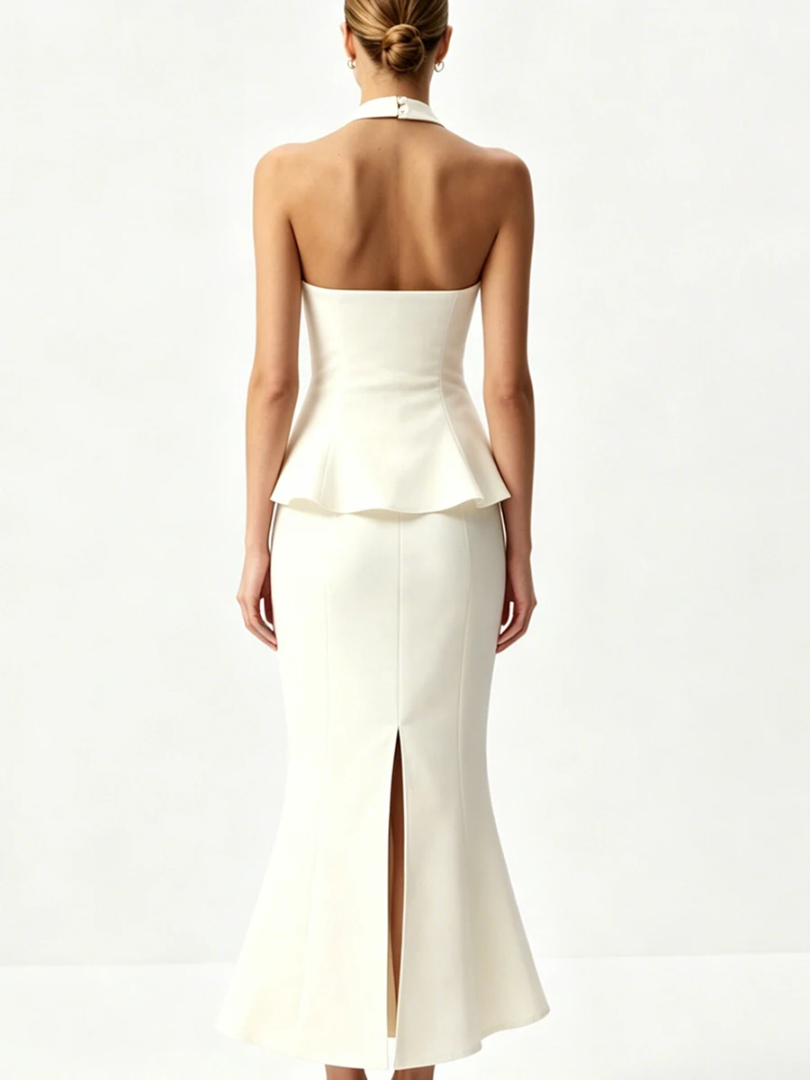 LIMO Women White Halter Peplum Midi Dress Sleeveless Slim Fishtail Skirt