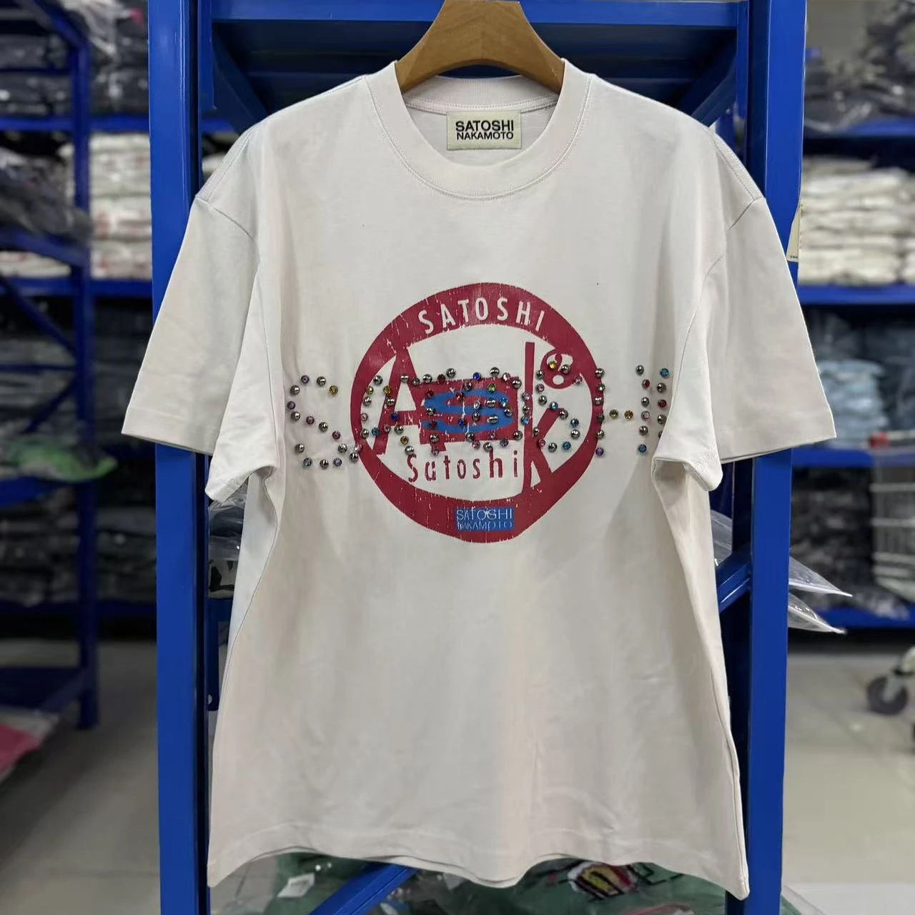 Satoshi Nakamoto Washed Heavy Fabric Colorful Bead Letter Cracked Pattern Print T Shirt Men Women High Quality Tee Tops T-Shirt