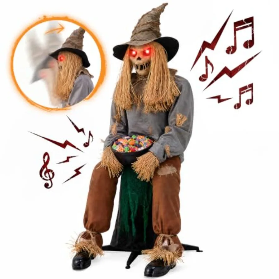 Outdoor Halloween decor: 49 sitting scarecrow animatronic with sound-activated jump scare, LED eyes, spooky sounds; weather-res